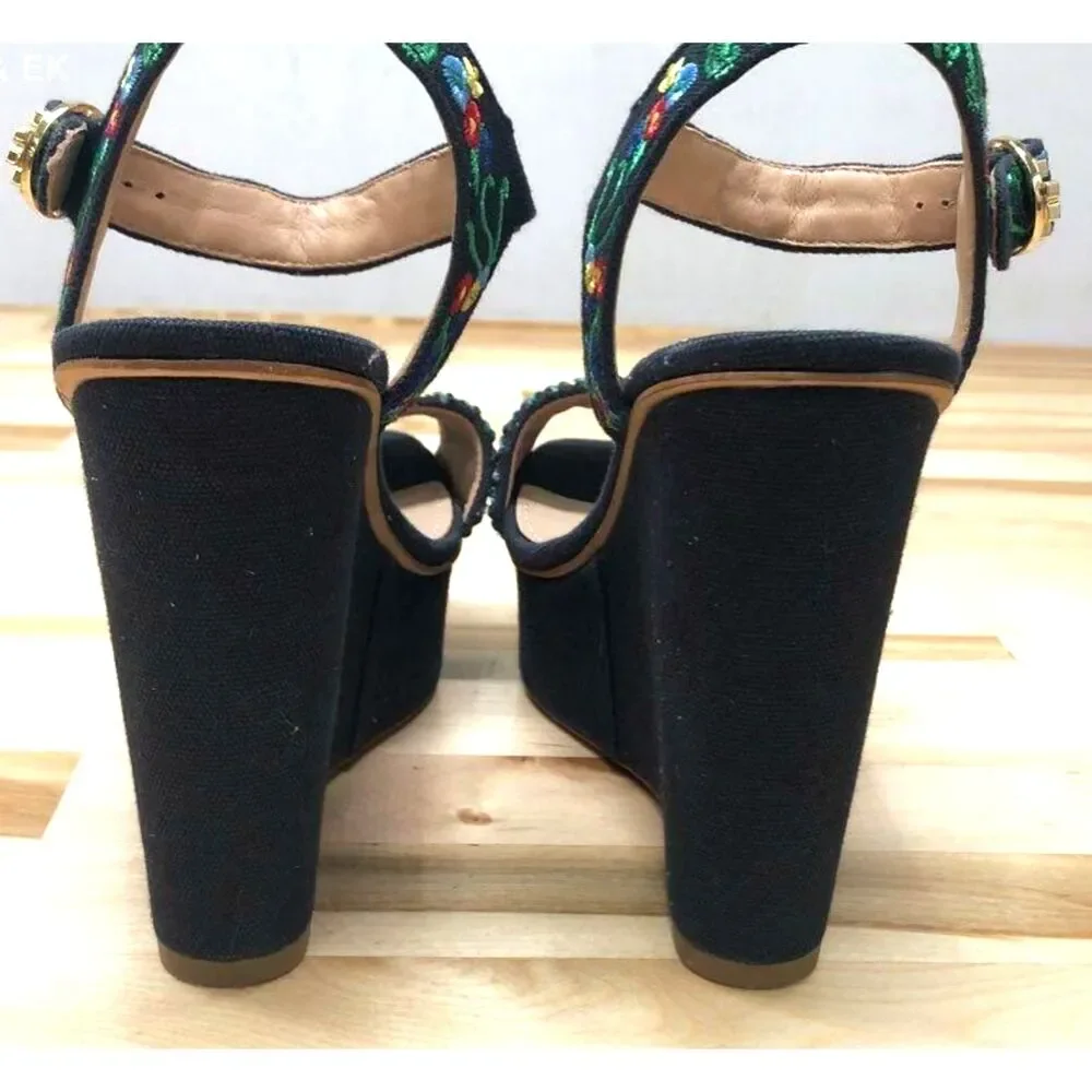 Tory Burch Sonoma Embroidered Floral Canvas Platform Wedge Sandals Ankle Strap